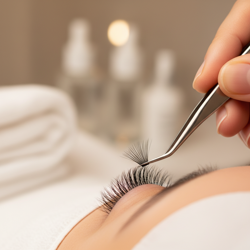 Lash artist applying premade fans to natural lashes