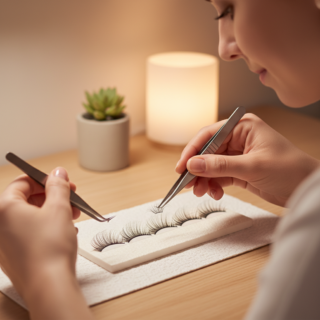 Lash artist creating a handmade volume fan