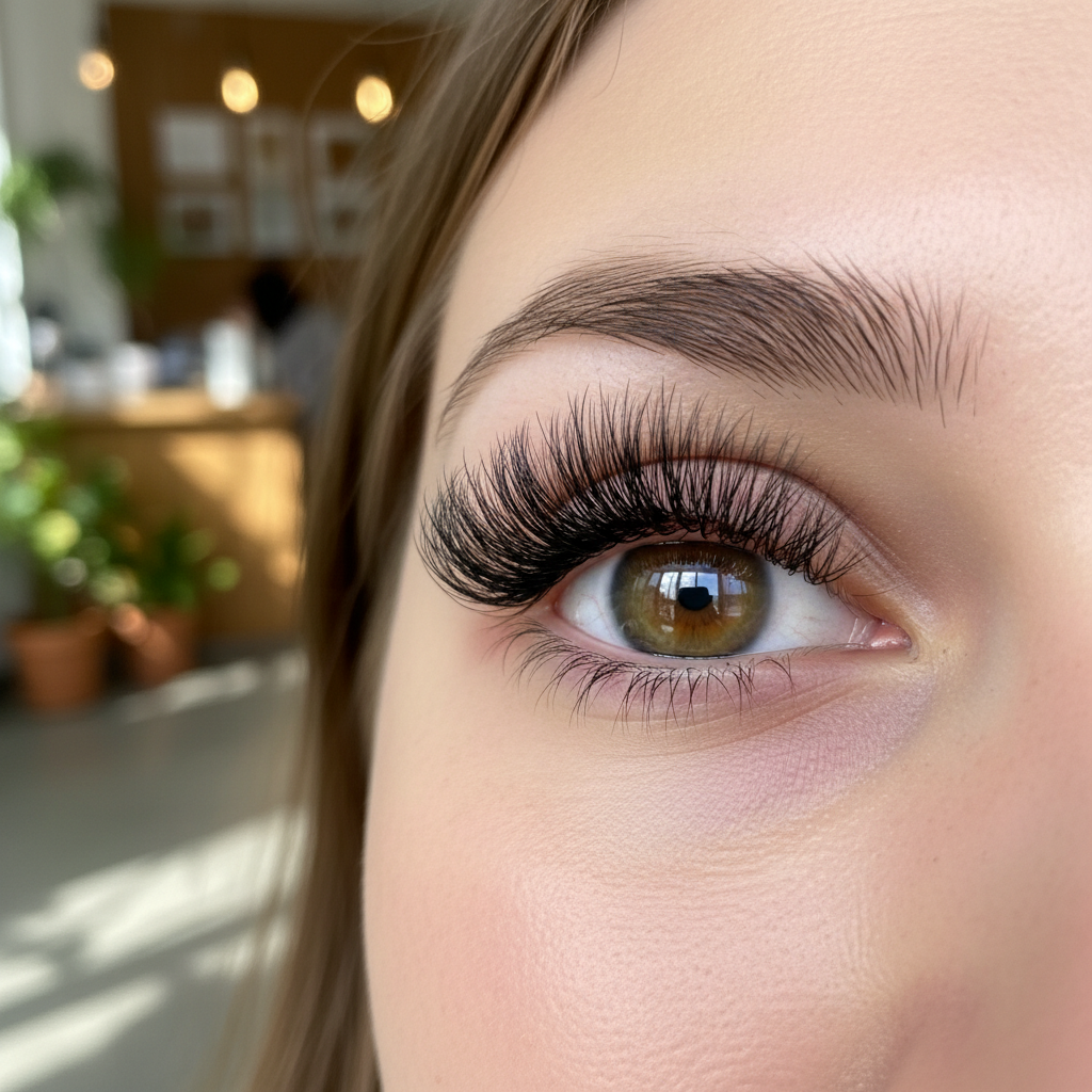 Hybrid eyelash extensions with wispy 3D fans and classic lashes