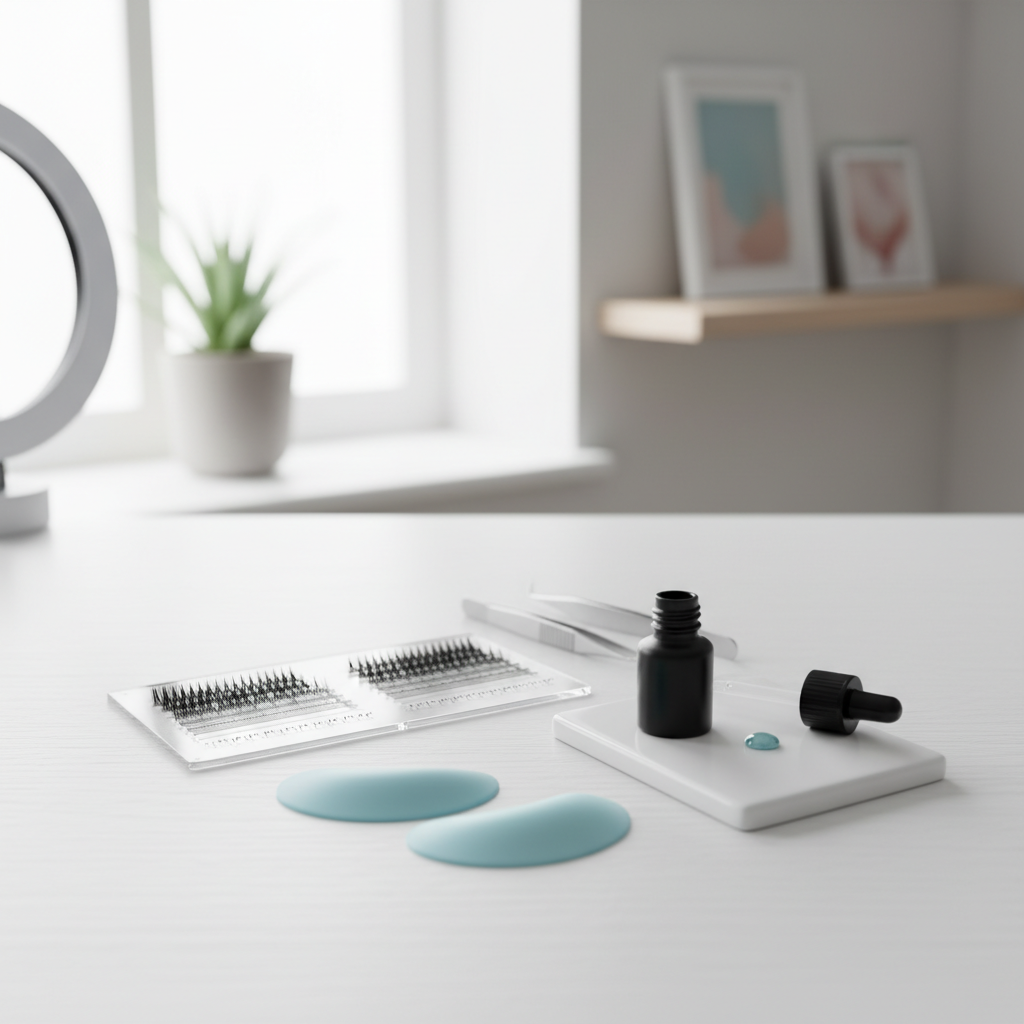 Professional lash workspace with silicone pads and organized strips