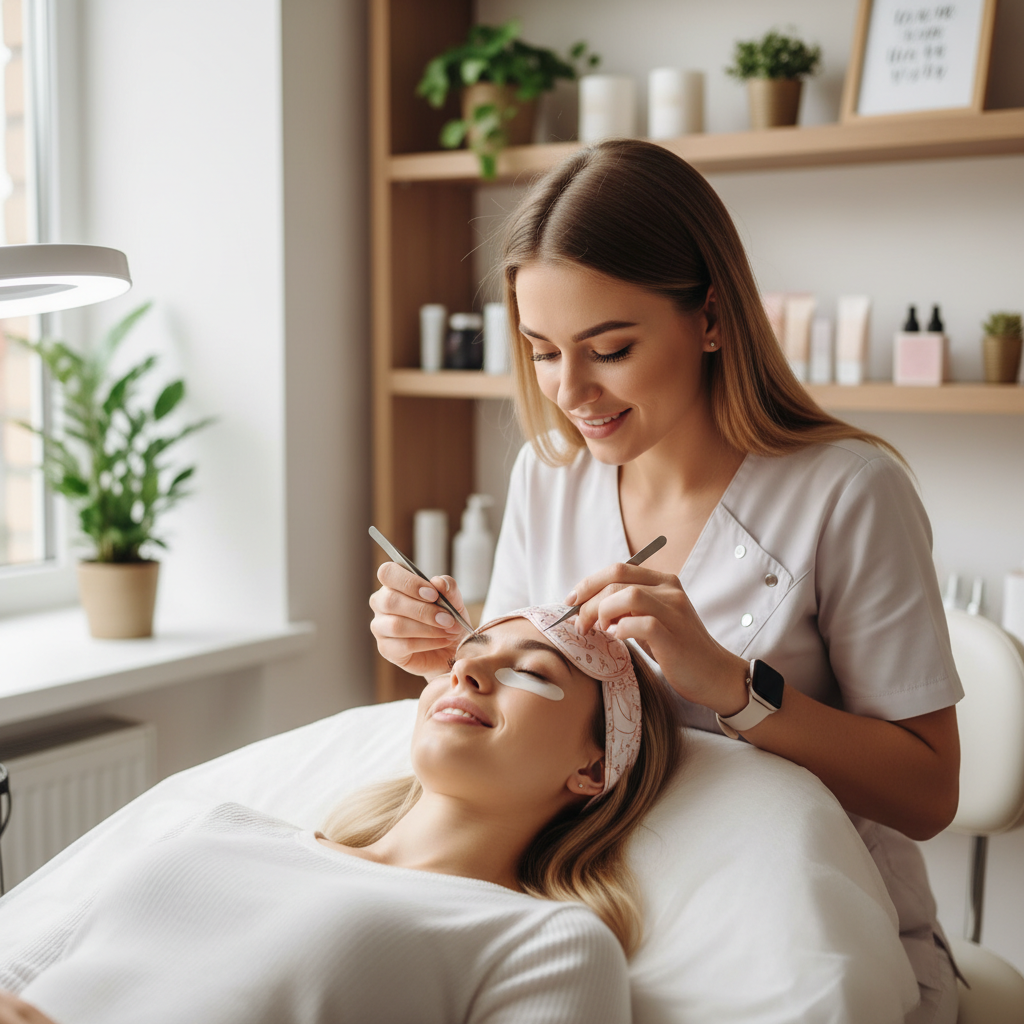 Lash artist applying extensions in a modern salon