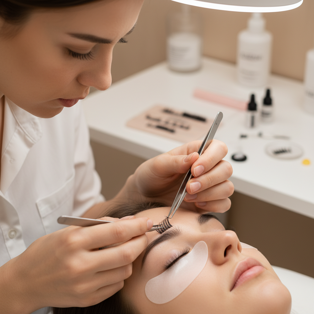 Lash artist applying matte black volume fans to a client