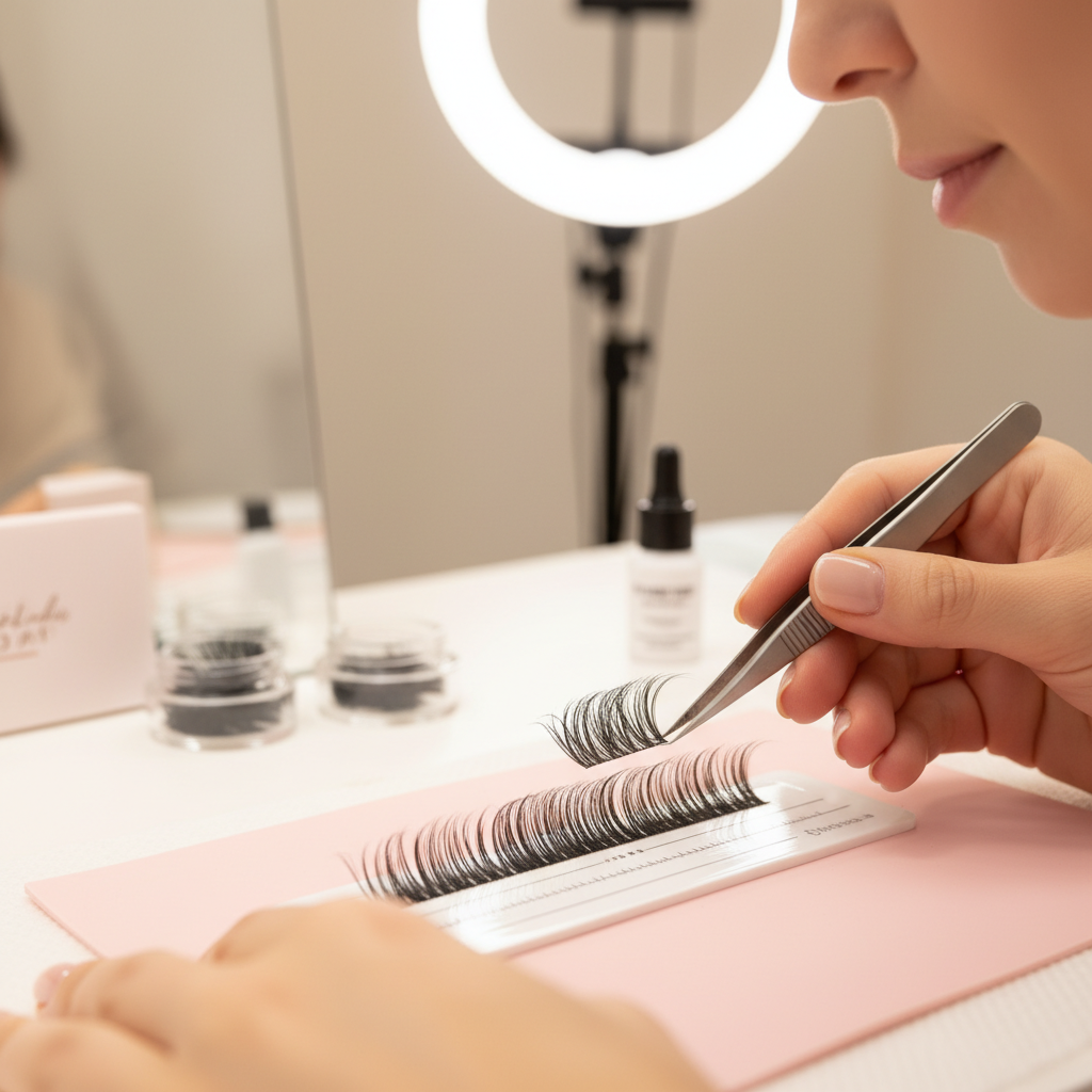 Lash artist creating a handmade fan