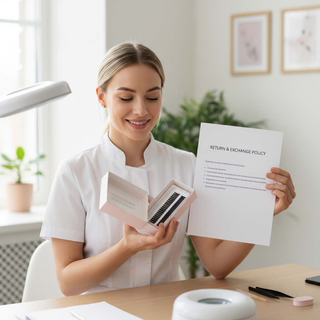 Lash technician inspecting product boxes and return policy