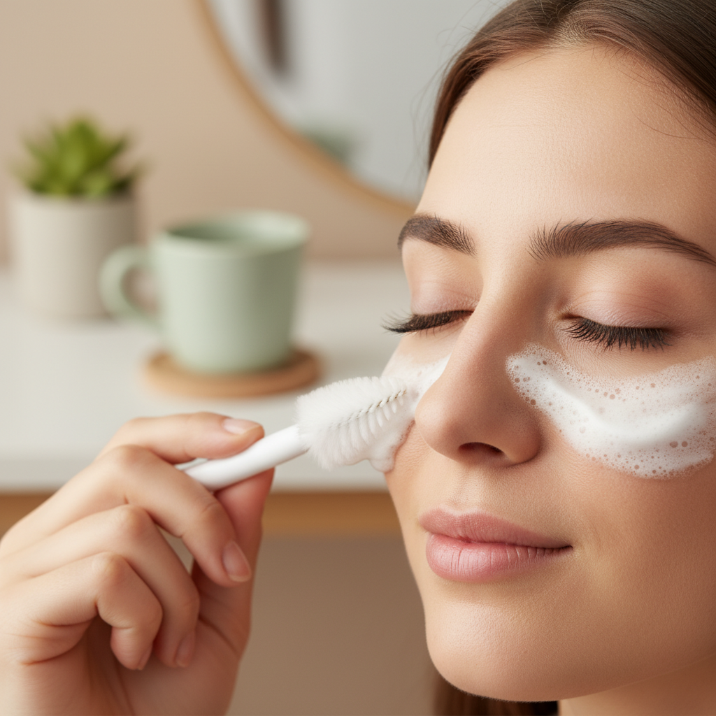 Lash cleansing with foam and a soft brush