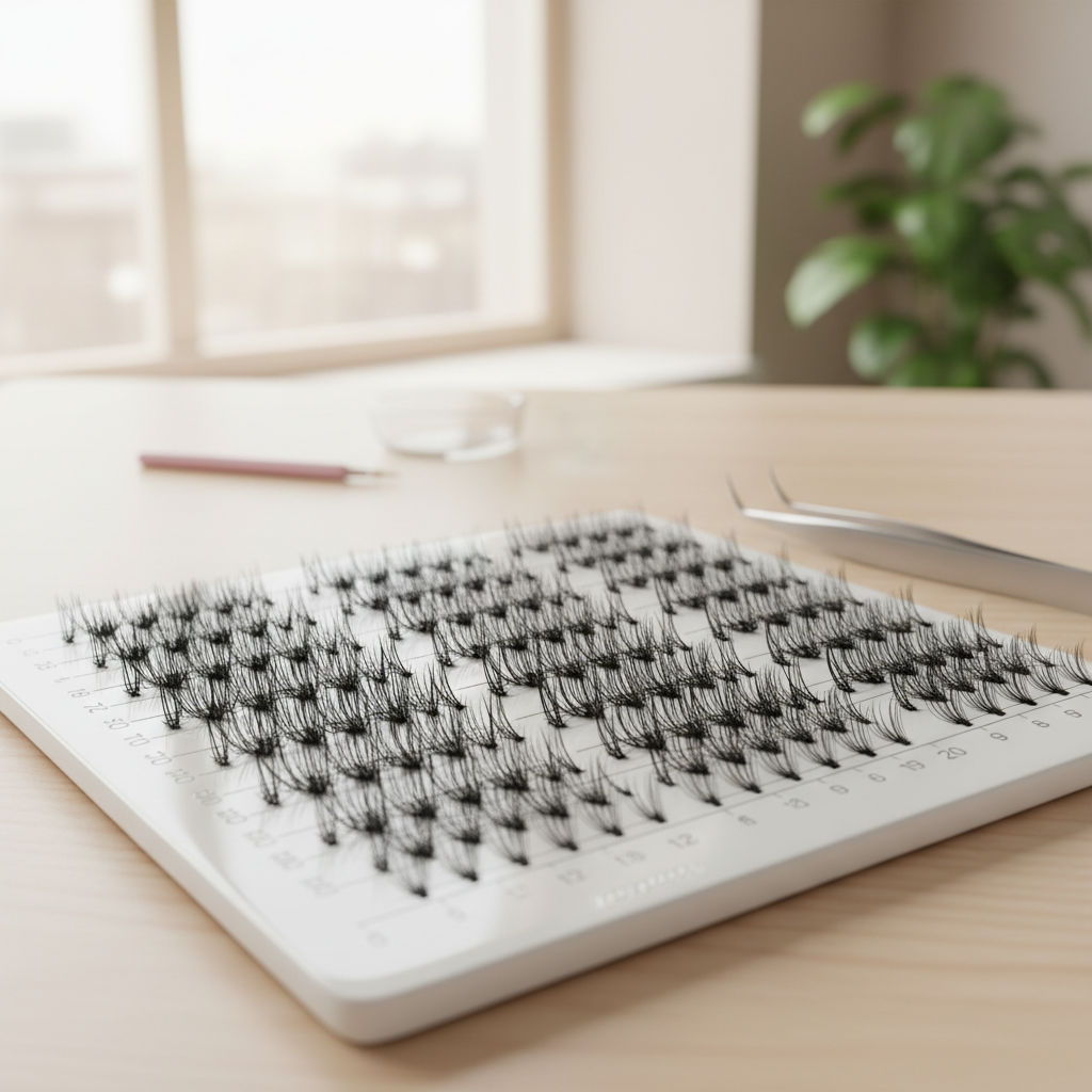 High-quality premade lash fans arranged neatly on a lash tile