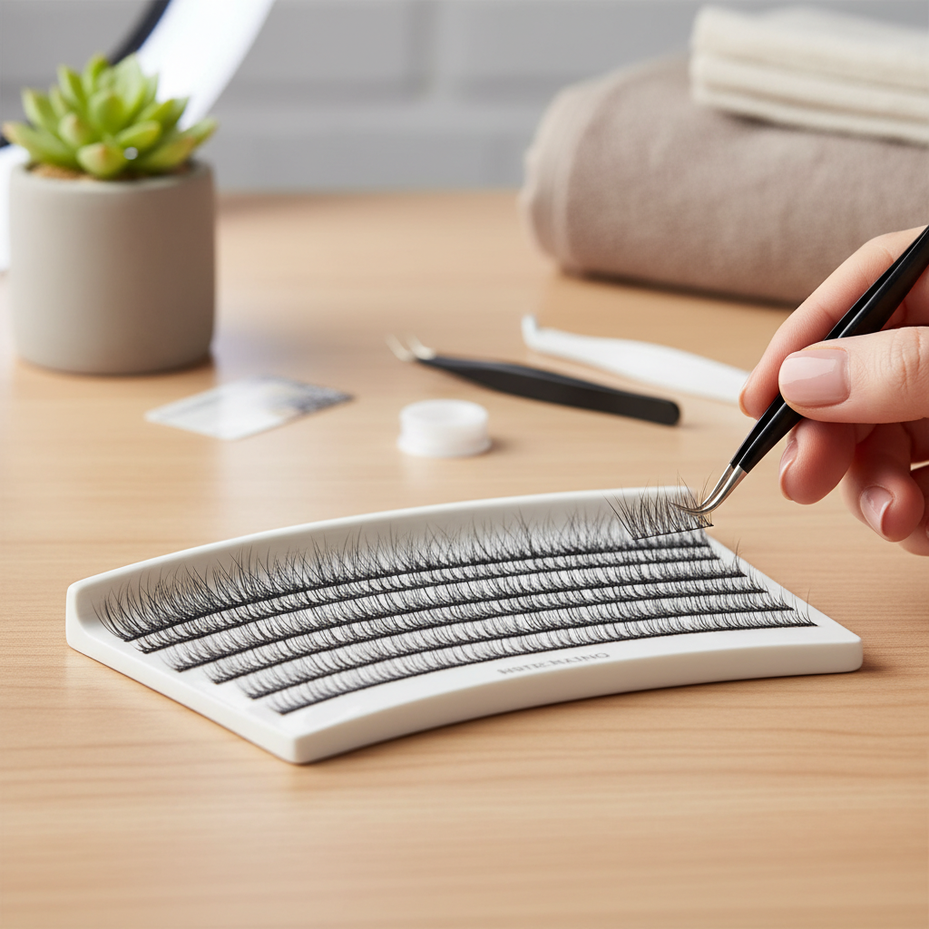 Close-up of professional 5D premade lash fans arranged on a lash tile