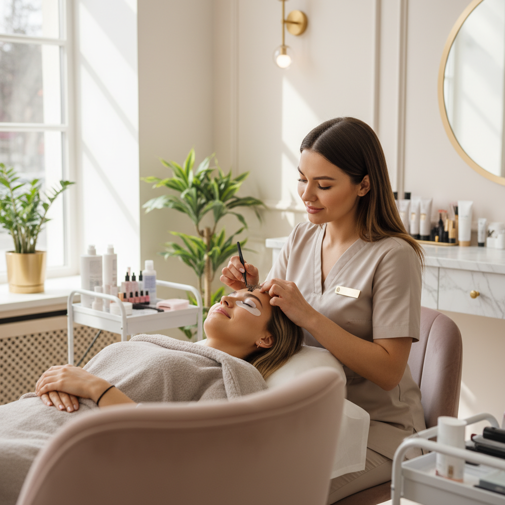 A professional lash artist applying volume eyelash extensions to a client