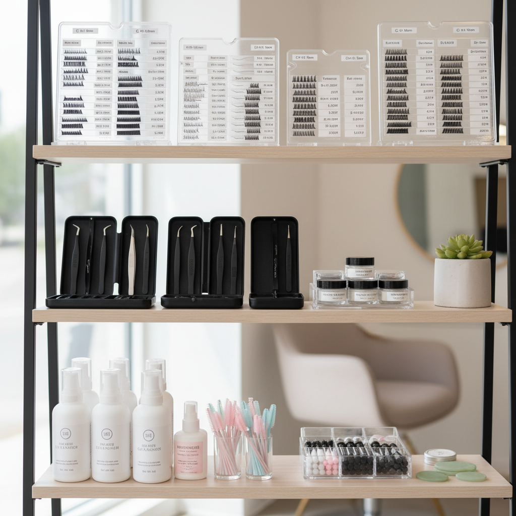 Organized lash salon inventory shelves
