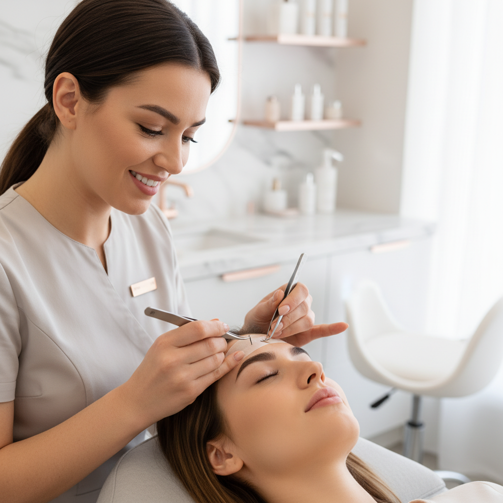 Lash artist applying extensions in a salon