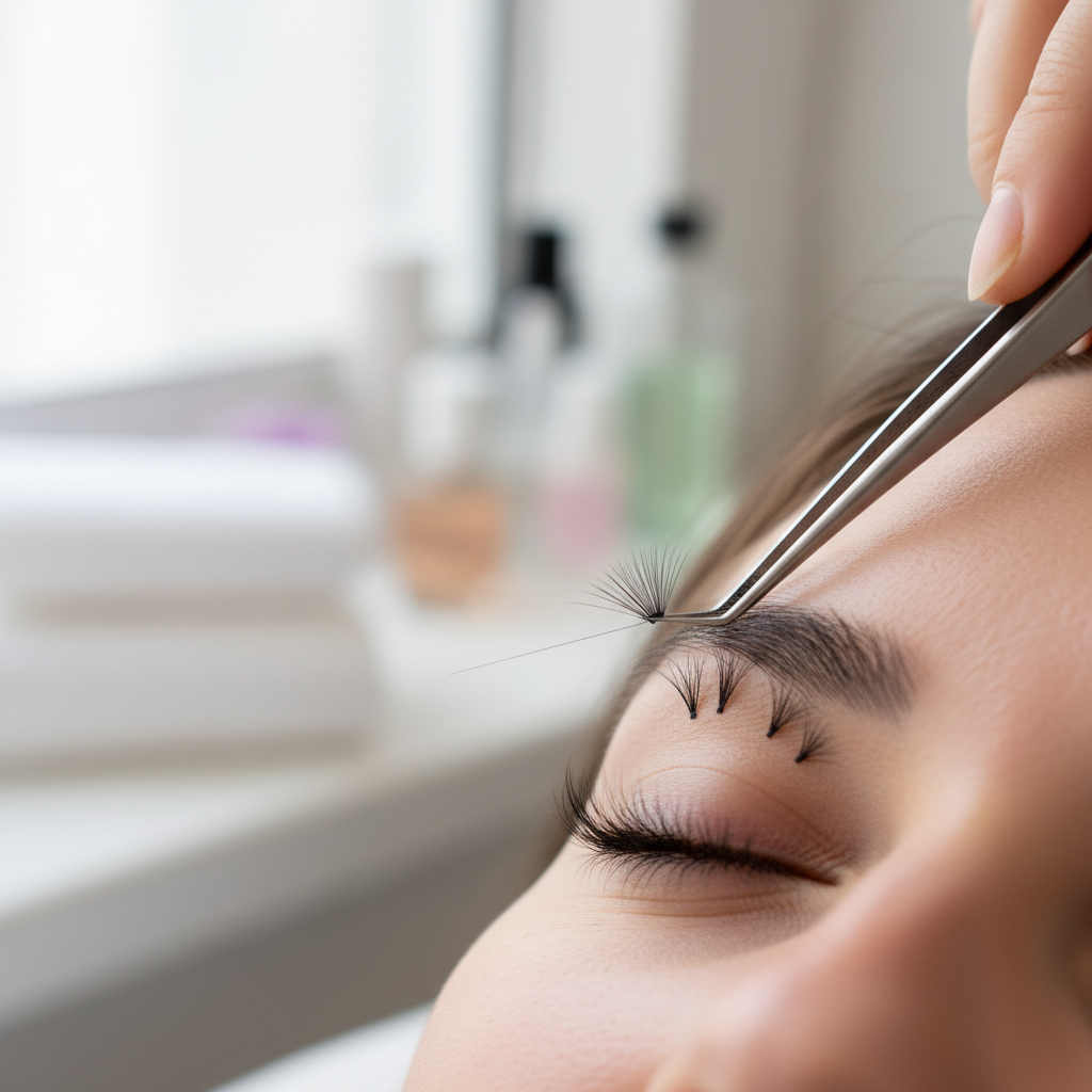 Lash extension application process showing narrow fans being applied to natural lashes