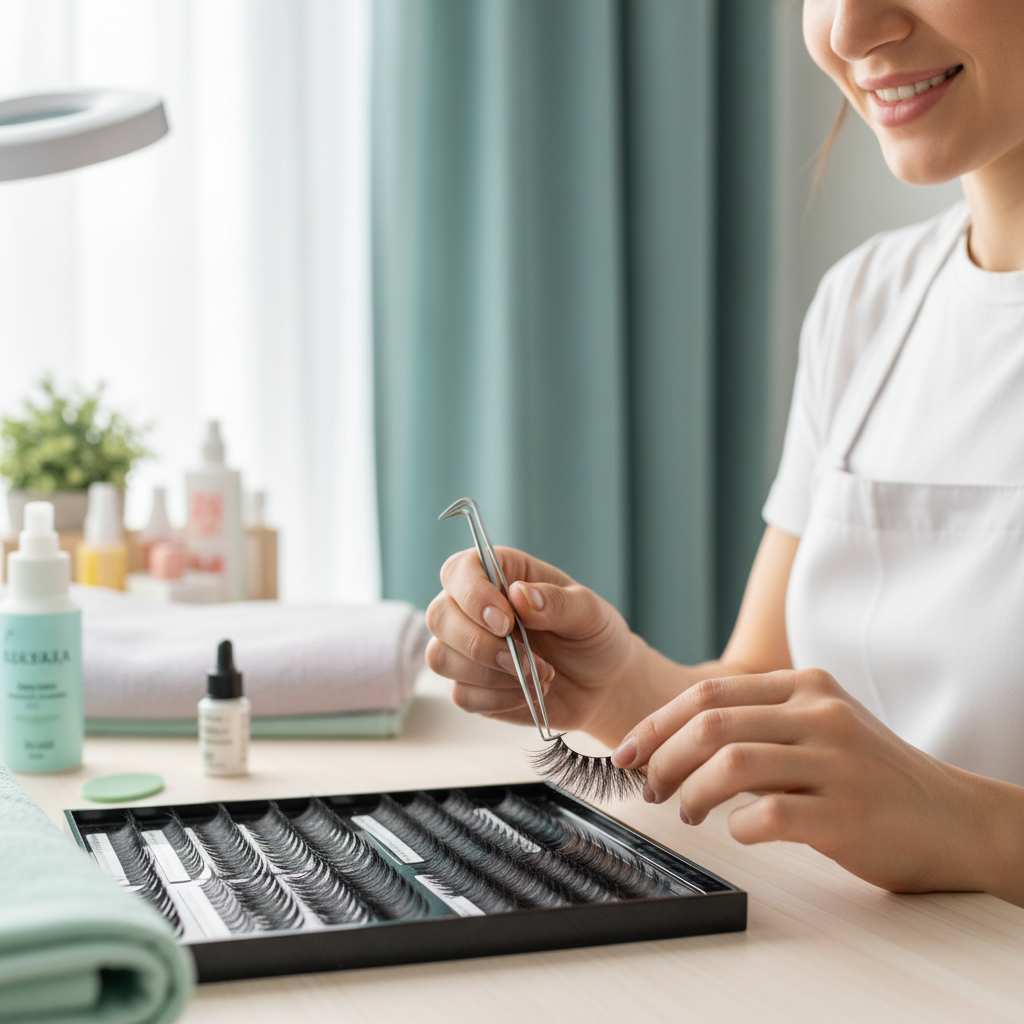 Lash artist using tweezers to apply a volume fan from a tray