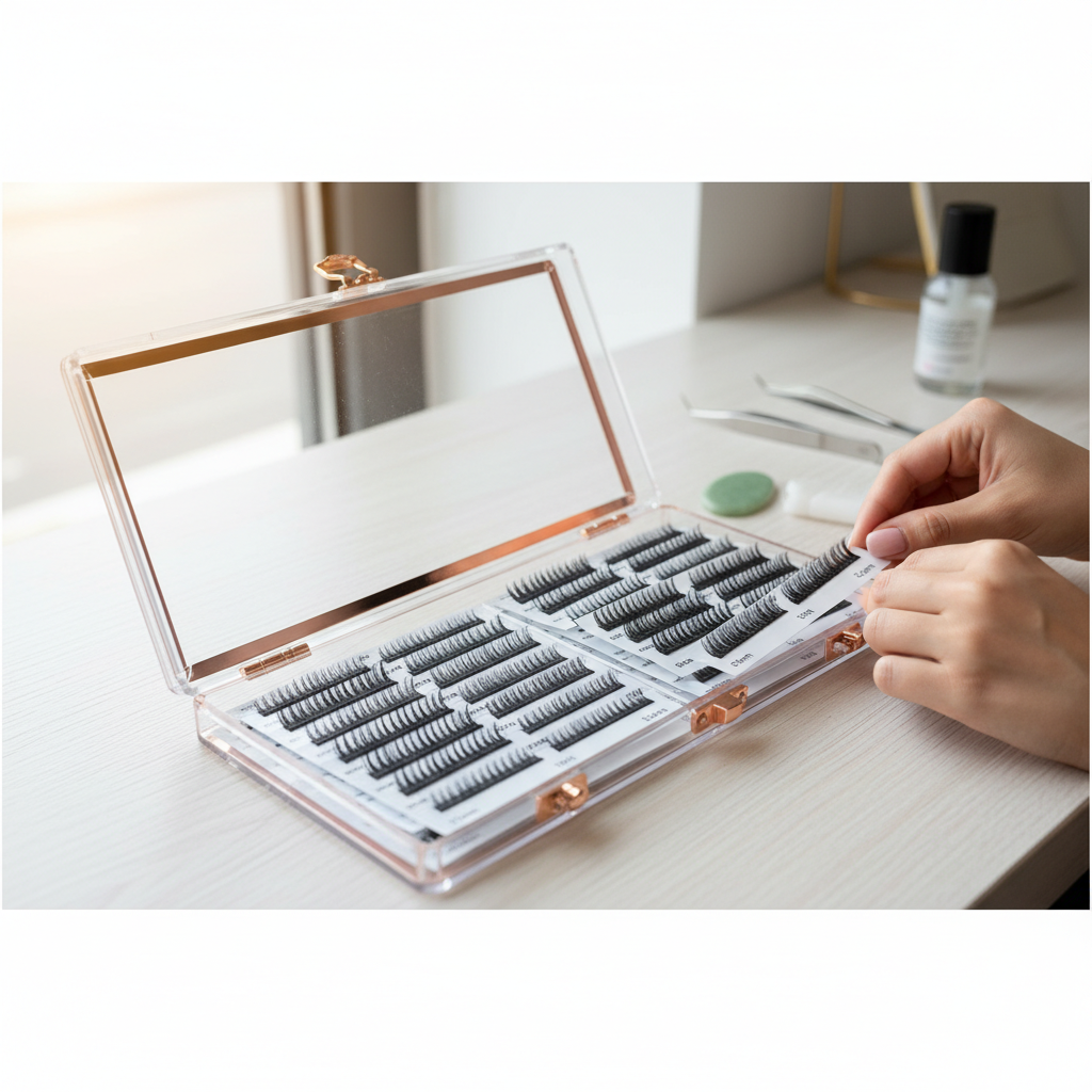 Professional lash extension storage case with rows of premade volume fans