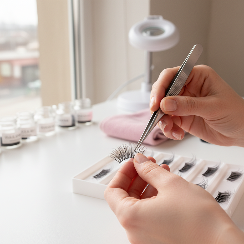 Lash artist selecting a ProMade volume lash fan