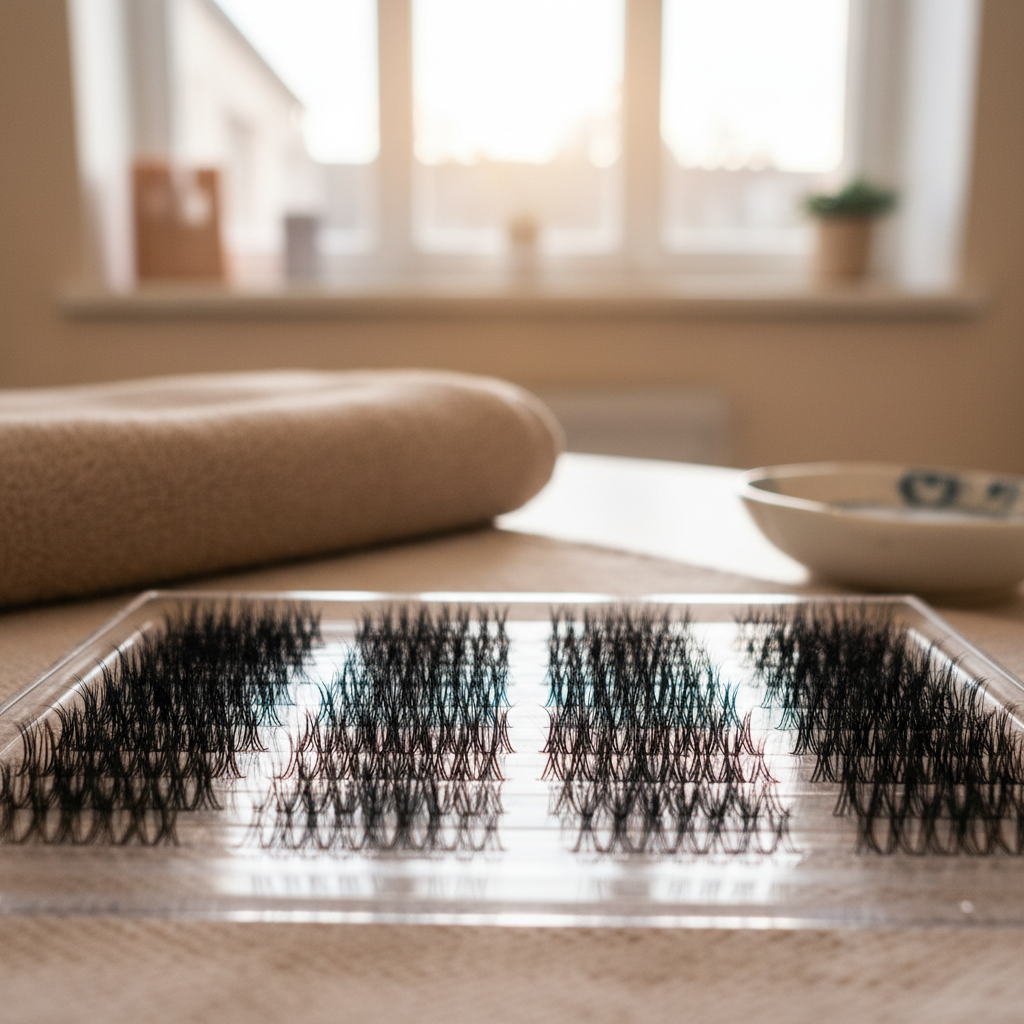 Professional premade lash fans on a tray