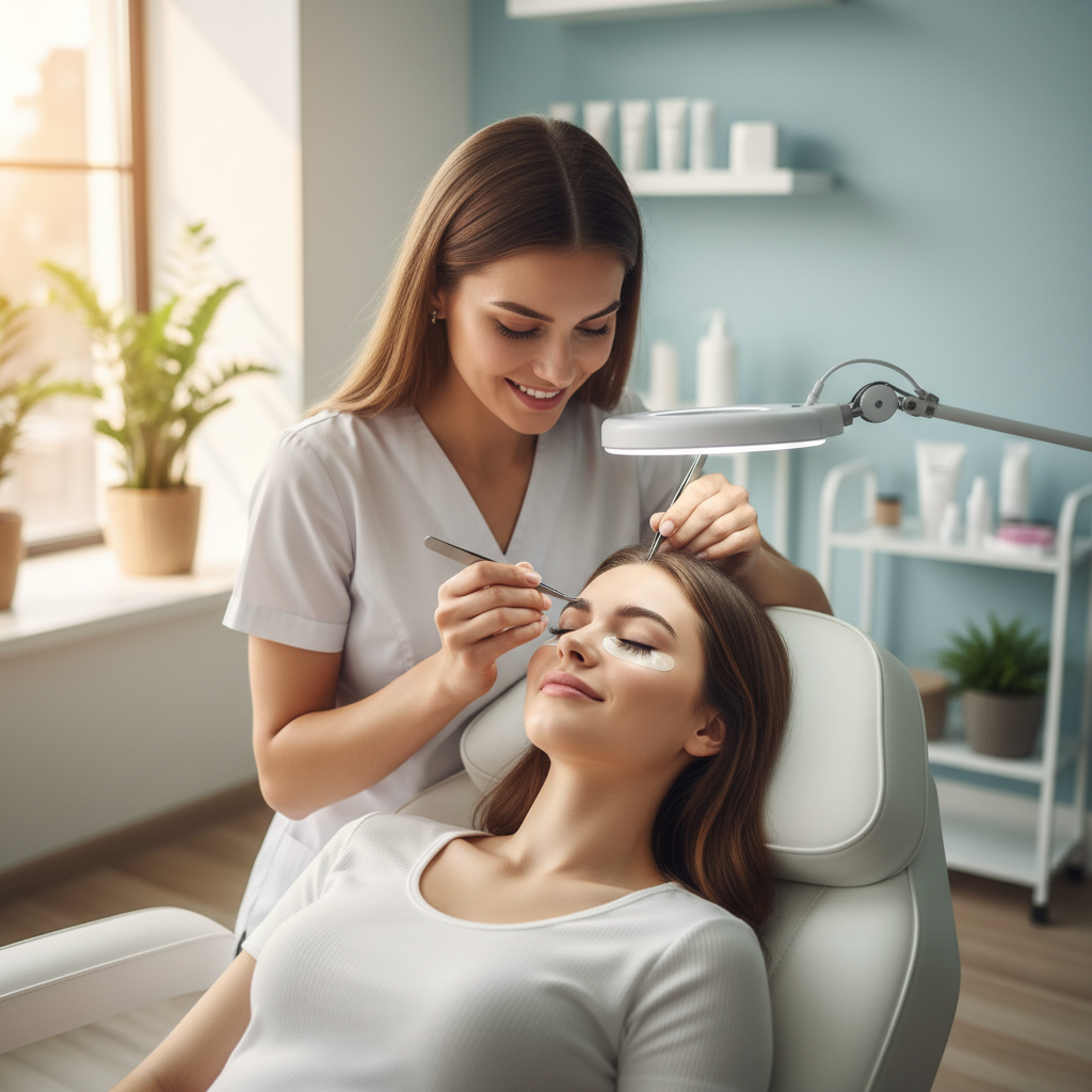 Lash technician applying premade volume fans