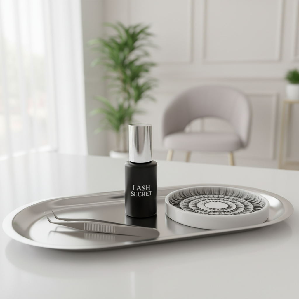 Professional lash extension adhesive bottle and premade fan tray