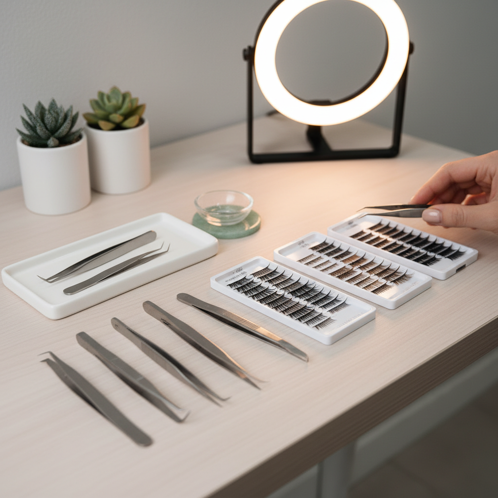Professional lash extension supplies and tweezers on a tray