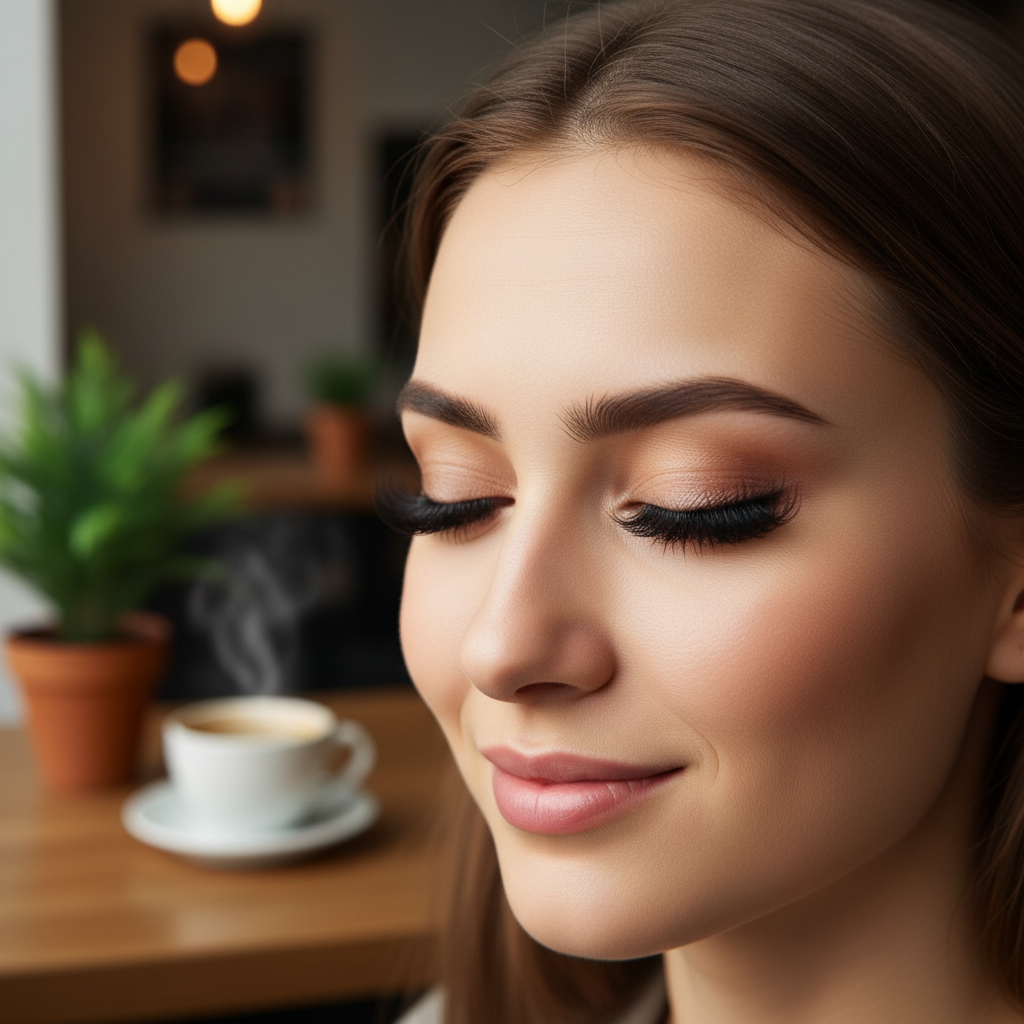 Dramatic volume eyelash extension results, fluffy and dark texture