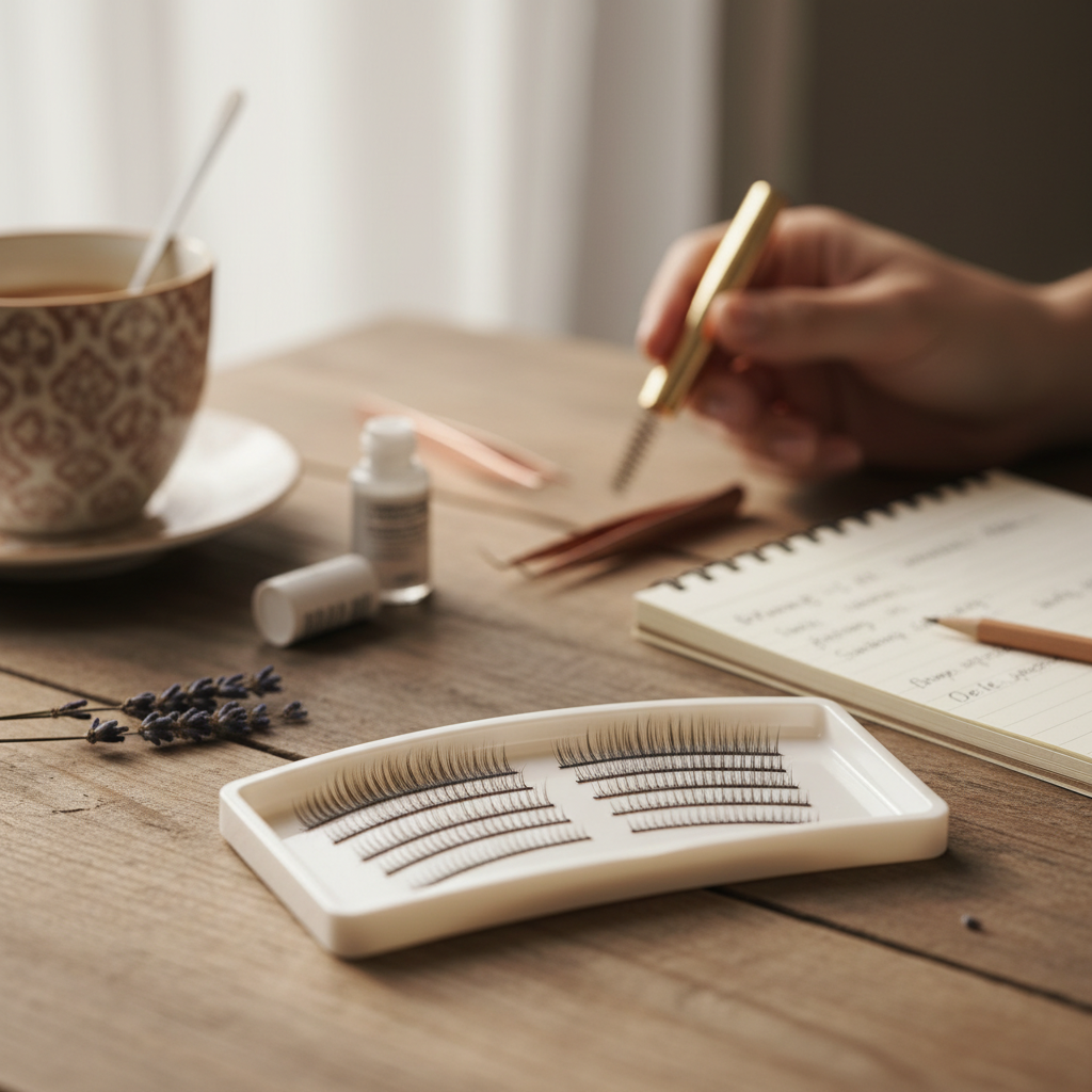 Professional long stem premade lash fans on a tray