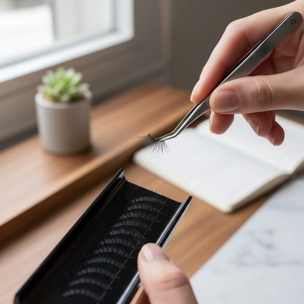 Lash artist hand-crafting a volume fan with tweezers