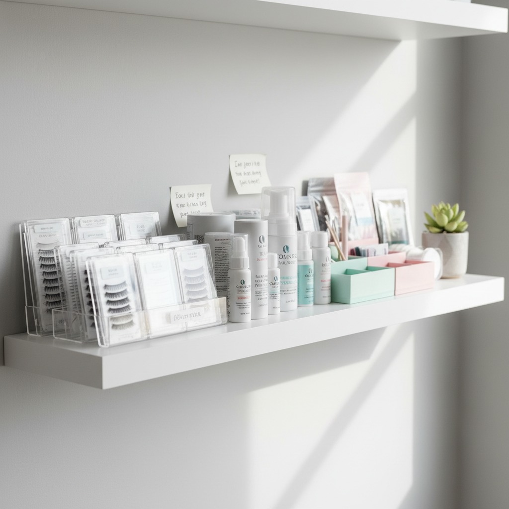 Bulk lash trays in a salon storage area