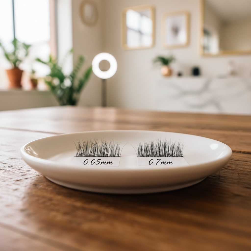 0.05mm and 0.07mm eyelash extension fibers side-by-side comparison