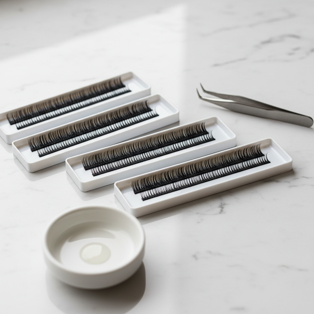 Professional soft matte black eyelash extension trays on a marble background