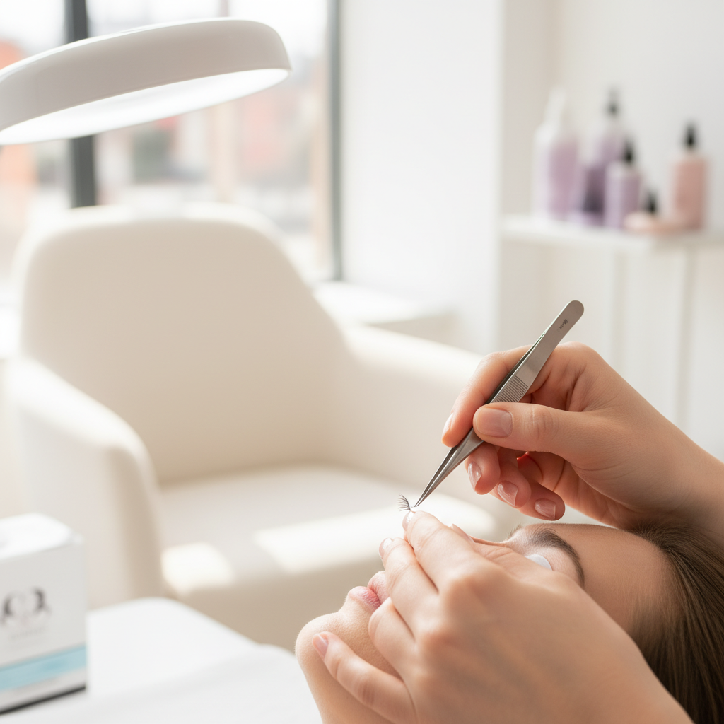 Lash artist using ergonomic tweezers