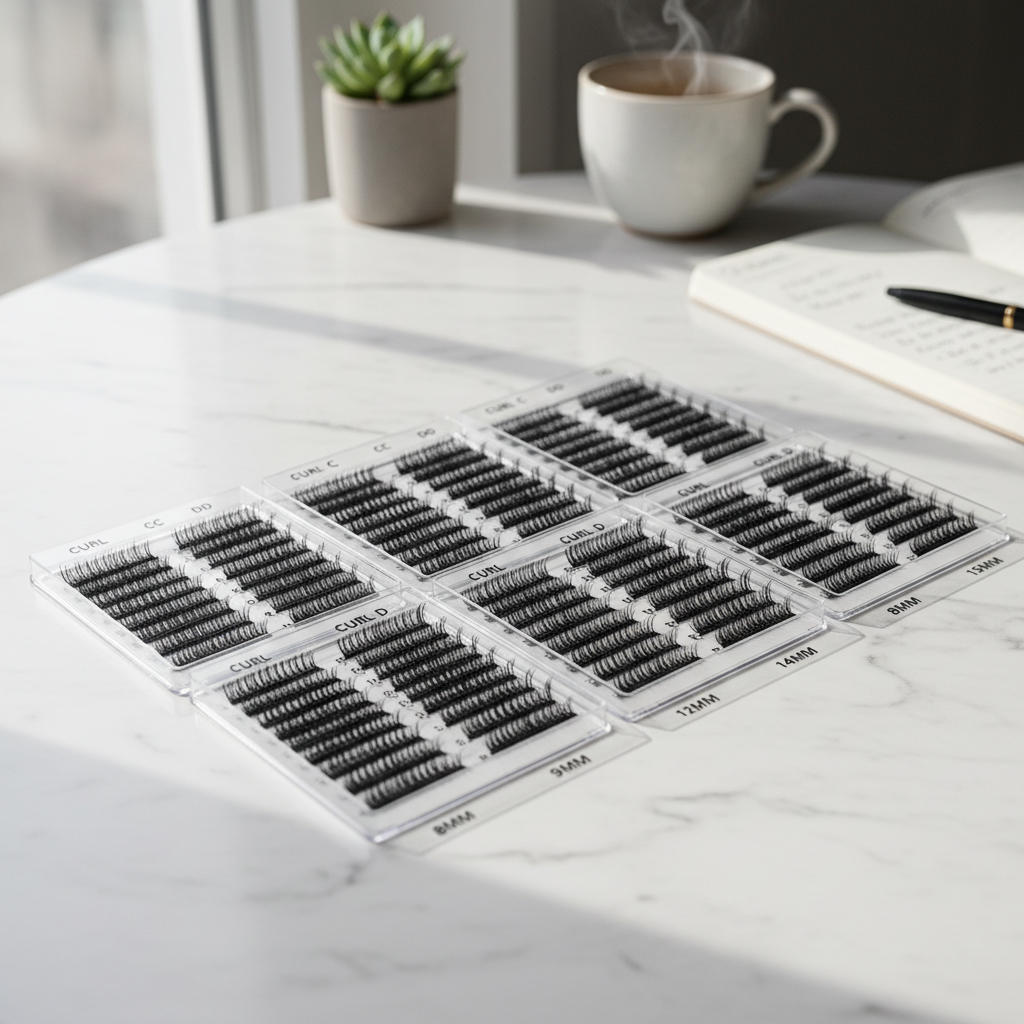 A variety of premium premade lash fan trays organized by length and curl on a white marble surface.