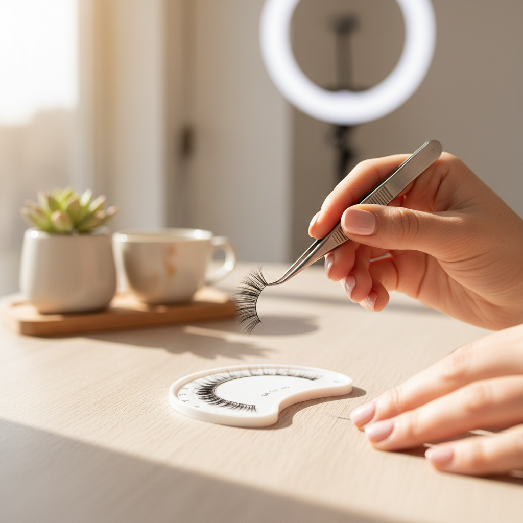 Lash artist hand-crafting a volume fan on a palette