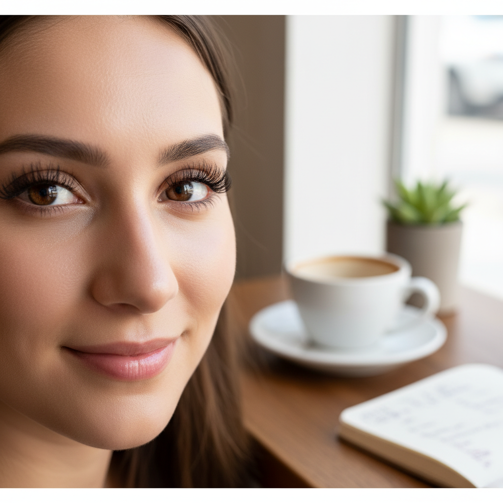 Close-up of professional dark brown eyelash extensions on a model