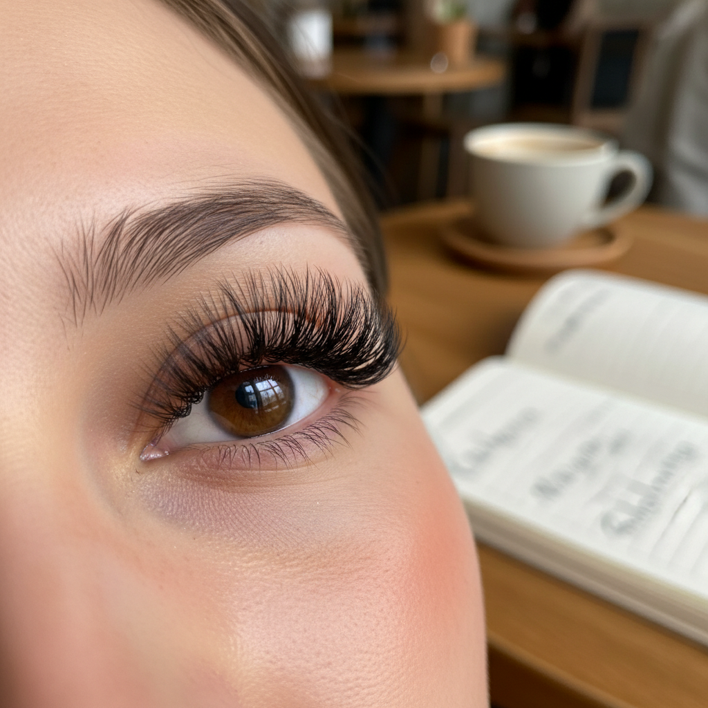 Macro shot of perfectly applied mega volume lash extensions